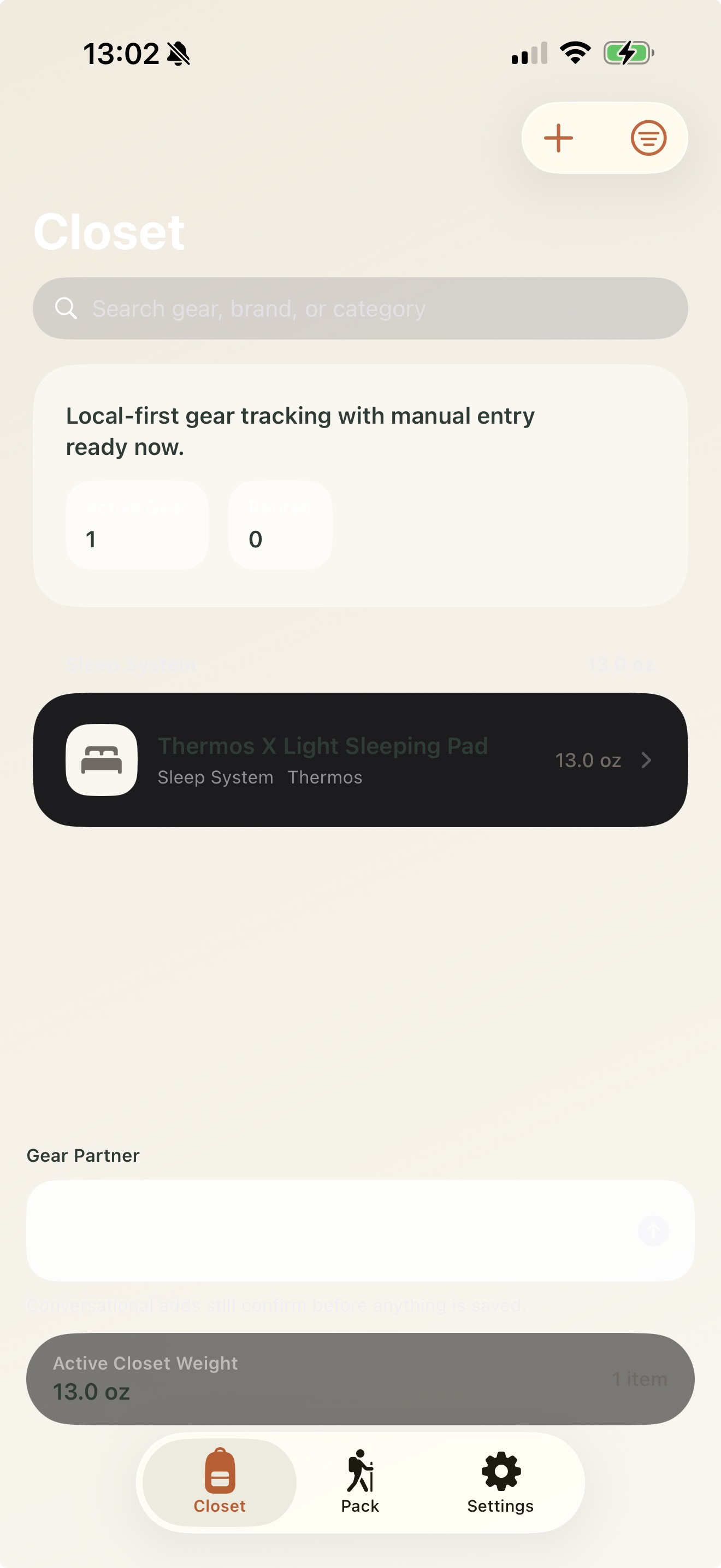 HikeLite conversational closet flow and saved gear list on iPhone